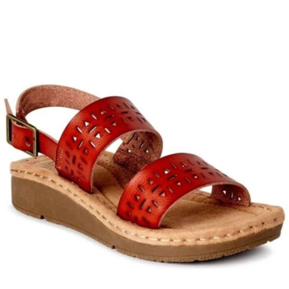 Earth Spirit Meaghan Rust Brown Faux Leather Laser Cut Open Toe Sandals Size 8.5